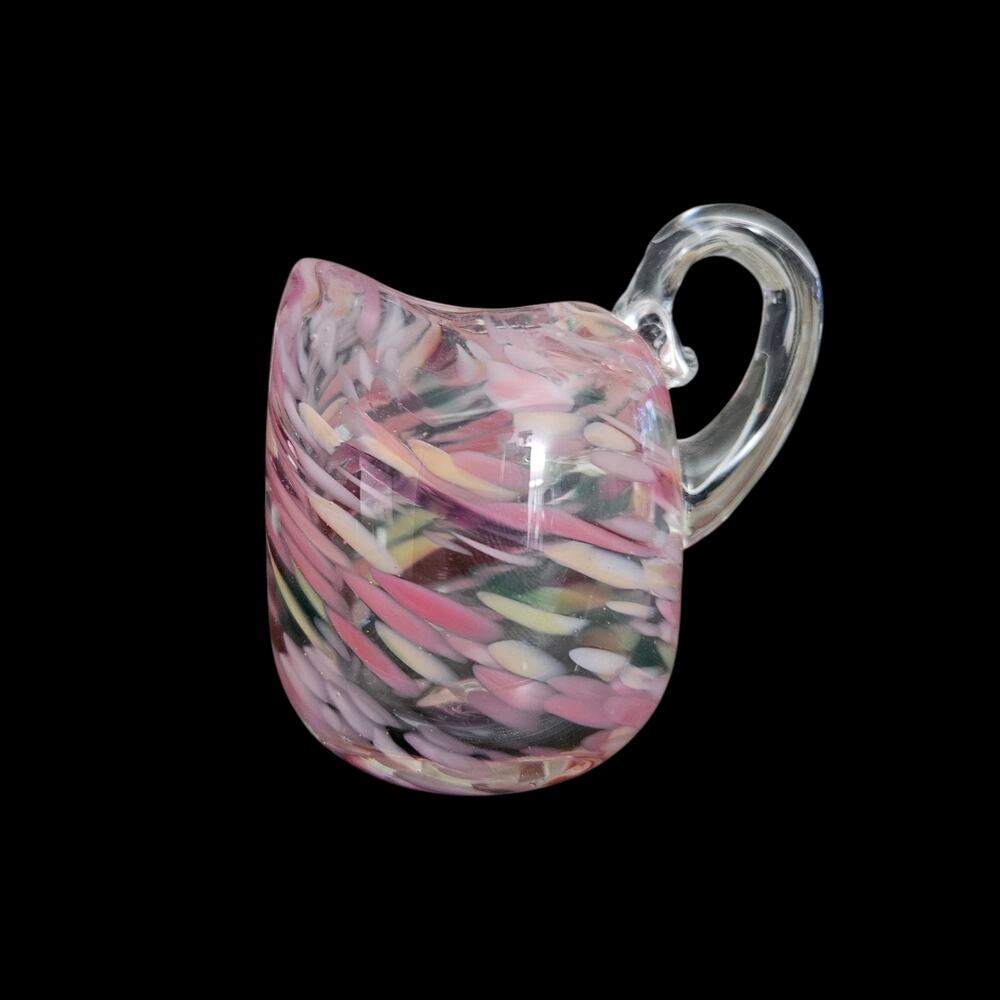 Vintage Art Glass Mini Pitcher Pink Multicolor Swirl Hand Blown Applied Handle